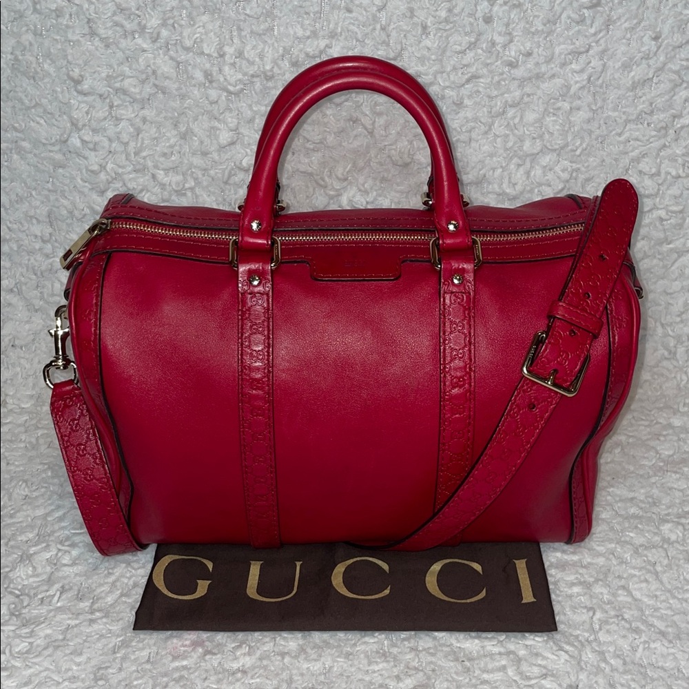 Gucci Micro Guccissima Trim Medium Leather 2 Way Boston Shoulder Bag Satchel Red